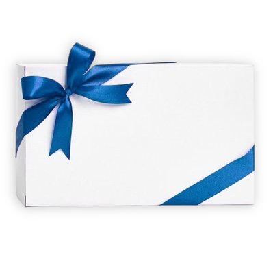 Коробка картонна біла із синьою стрічкою 340*240*100 UA-0224 фото